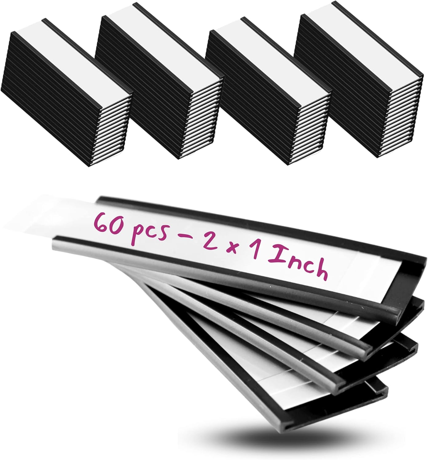 Availey 60 Pack Magnetic 'C' Channel Label Holders for Metal Racks and Shelves with Protective Films and Replacement Strips 2" x 1"