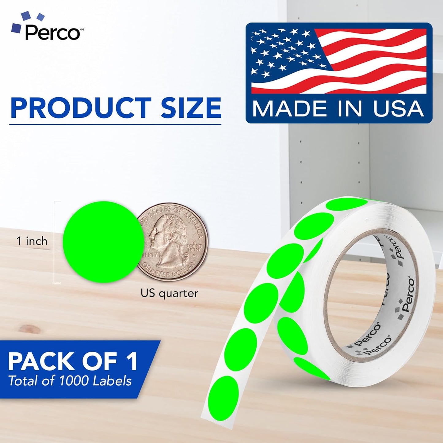 Perco Fluorescent Green 1-Inch Round Circle Dot Sticker Labels with Easy Peel Perforation - 1,000 Labels per Roll - Strong Adhesion, Vibrant Colors for Organizing, Crafting & More - Made in USA