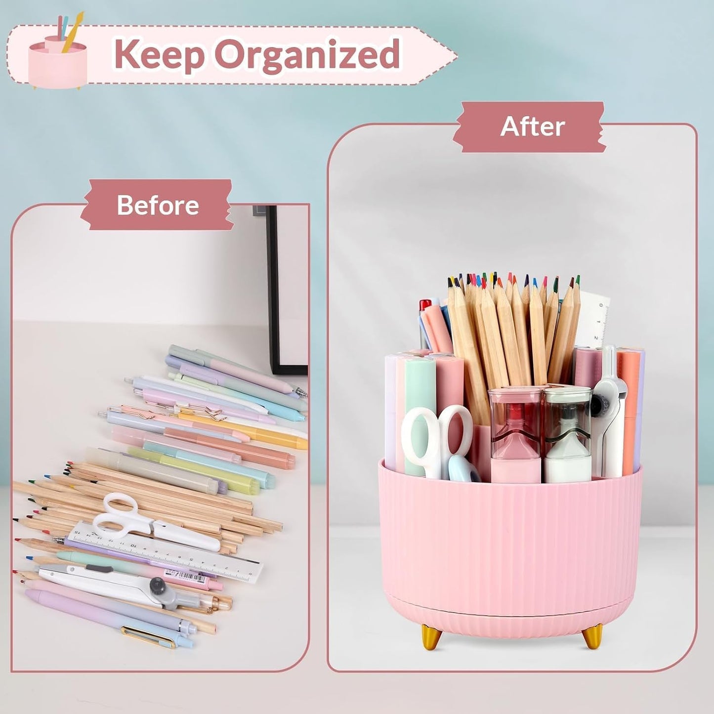 SKYDUE 360 Rotating Multipurpose Organizer - Cute Rotating Pen Holder with 5 Slots for Art Supplies, Office, School, Home
