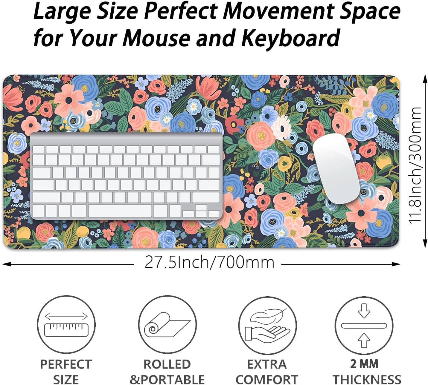 Garden Party Flowers Desk Pad Mouse Pad,Large Floral Mouse Mat with Stitched Edges,Non-Slip Rubber Base Mousepad for Office PC Keyboard Laptop and Home Work Desk Mat(27.5X11.8 in)