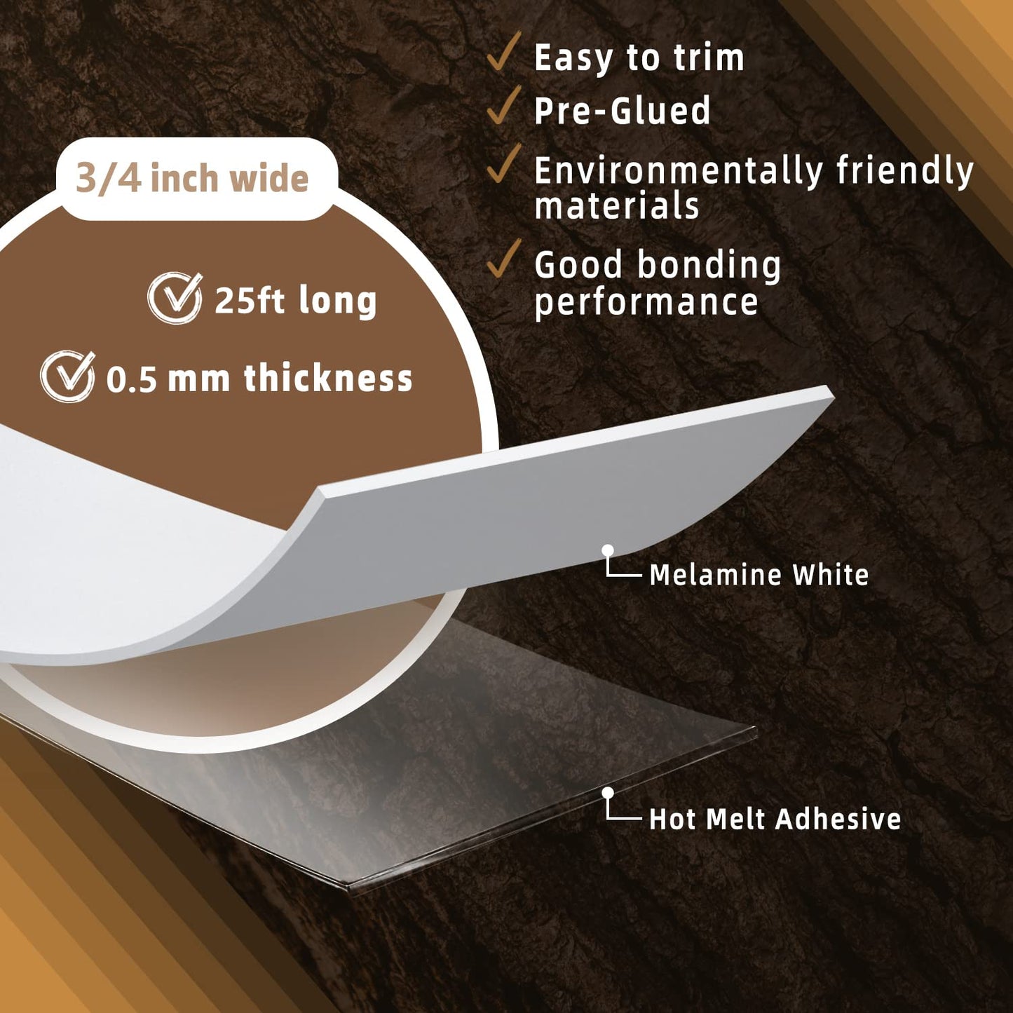 GSCIT Club Melamine Edge Banding, 3/4 inch x 25ft (19mm x 7.6m) White Edge Banding with Hot Melt Adhesive Pre-glued Cabinet Edge Banding Flexible White Veneer Edging for Plywood Furniture Table