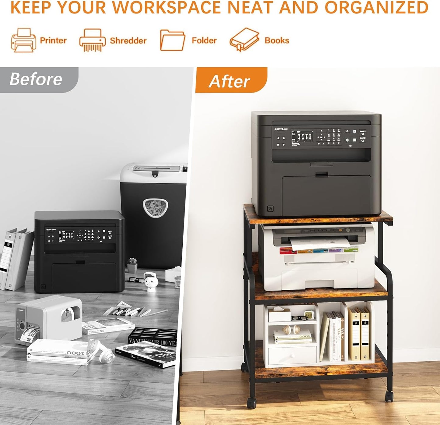 Large Printer Stand with Storage Shelf, 23.6" W x 18.9" D Printer Cart with Wheels, 3 Tier Mobile Printer Table for Home Office,Stands for Heat Press Scanner Fax (Brown)