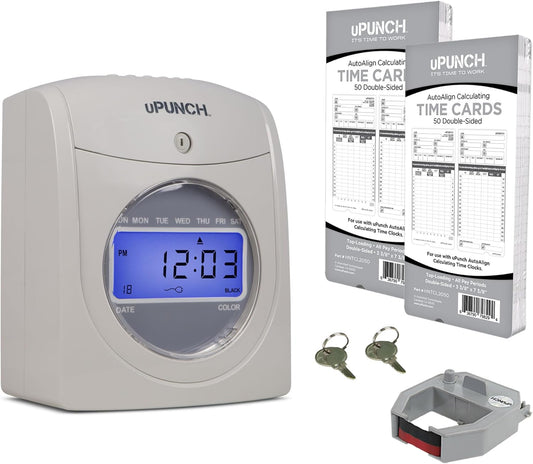 uPunch HN2500 Calculating Time Clock Bundle for Small Business: Auto Align Employee Time Tracking System with 100 Time Cards, Ribbon, and Keys