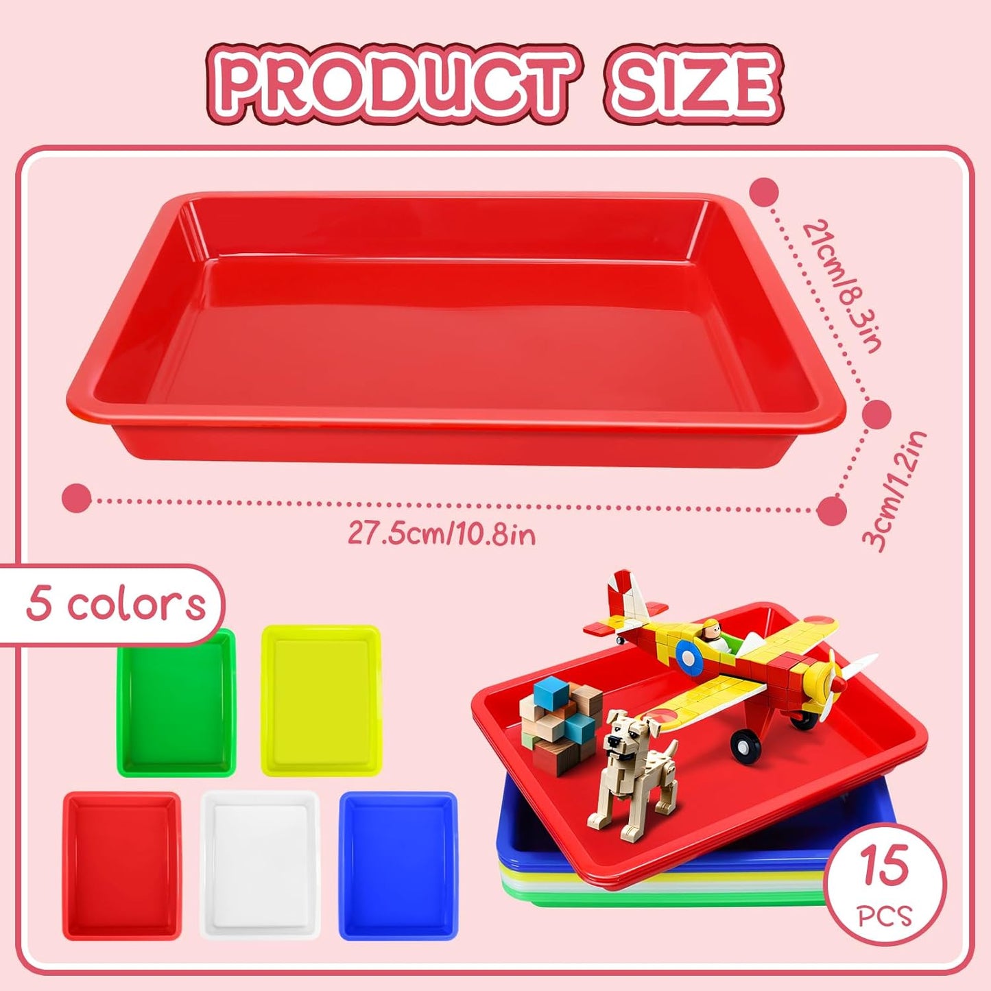 15 Pcs Multicolor Plastic Art Trays, Sensory Bin Tools for Kids, Paint Serving Tray Play,Tuff Tray Set for Classroom and Home Crafts, DIY Projects, Painting, Beads, Organizing Supply