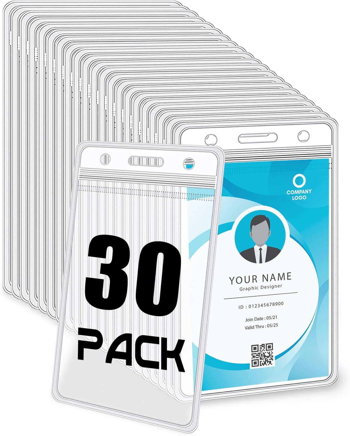 BESARME 30 Pack Vertical ID Badge Holders Clear Plastic Waterproof Card Holder Resealable for Office Worker Teacher