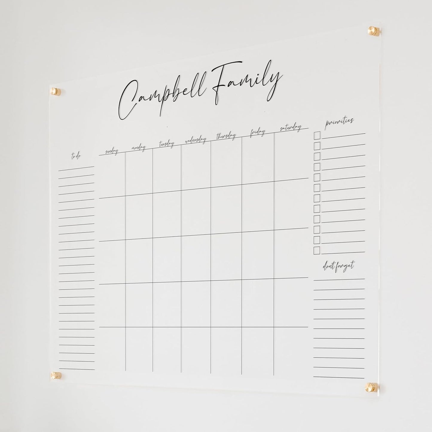 Personalized Clear Acrylic Calendar for Wall, Calendar Whiteboard for Wall, Dry Erase Wall Calendar, Wall Calendar Organizer System for Home (Cursive, Black, 47.5"W x 36"H)