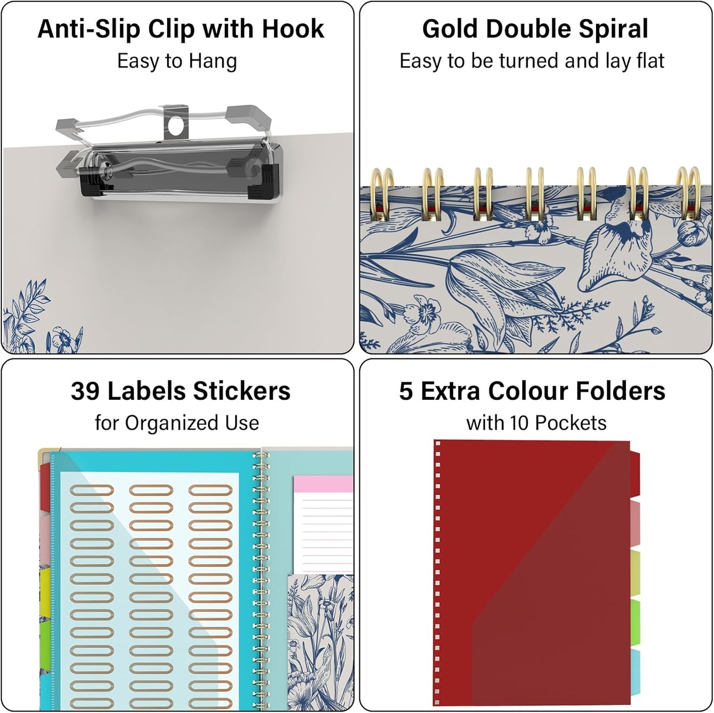 Foldable Clipboard Folio with Storage, 5 Plastic Folders with 10 Pockets,Refillable Lined Notepad (11" x 8.5"), Hardcover Project Organizer Nursing Teacher School Essentials(Blue Florals)