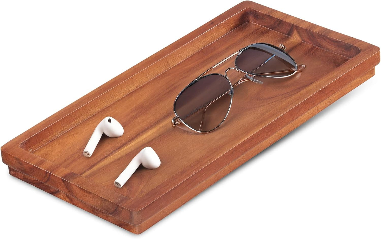 Demigo Acacia Wood Valet Tray & Catchall (11.9x6x1 inch) - Wooden Desk Organizer for Office Supplies, Keys, Wallet & Mail - Entryway & Nightstand Decor