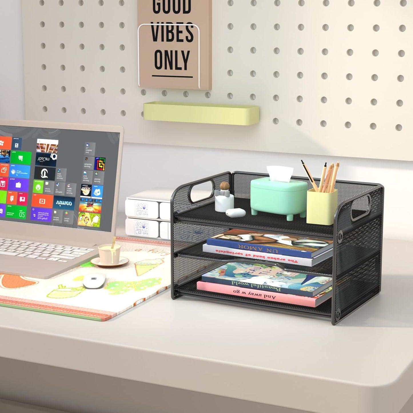 samstar 2 Pack 3 Tier Letter Tray Paper Organizer with Handle, Mesh Desk Organizer Paper Sorter File Rack Shelves, Black