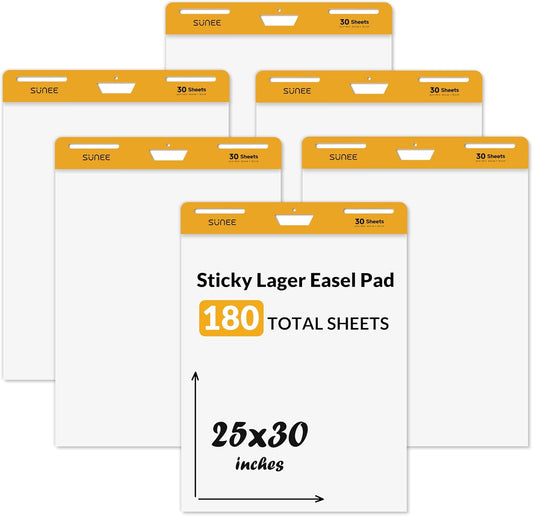SUNEE Sticky Easel Pads, 25 x 30 Inches Chart Paper (6 Pack), Self Stick Easel Paper for White Board, Large White Premium Self Stick Flip Chart Paper, 30 Sheets/Pad, 6 Pads