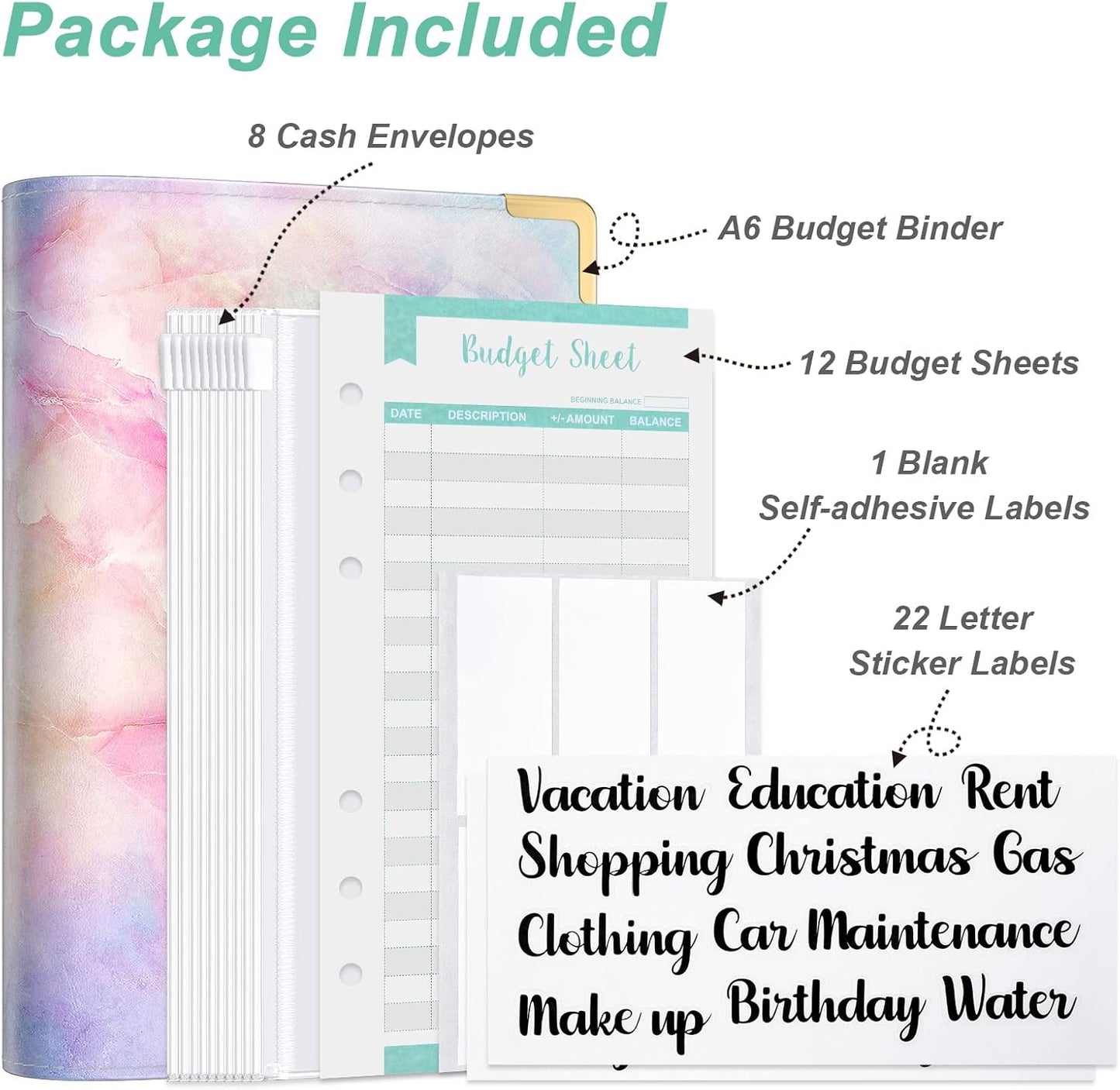 Rnivvi Budget Binder with Zipper Envelopes, A6 Money Saving Binder Cash Envelopes for Budgeting, PU Leather Planner Money Organizer for Cash Bills, Cute System Wallet for Women Men, Colorful Marble