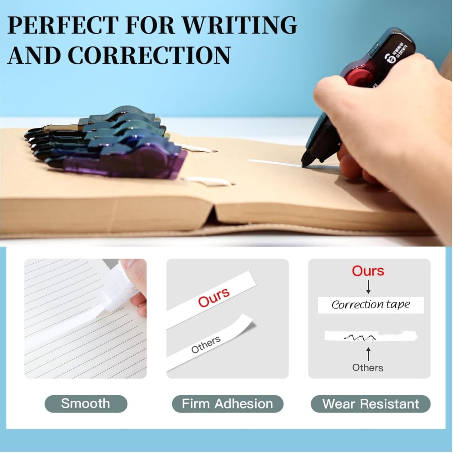 Refillable Quick-Dry White Correction Tape Set, 118ft(36m) Total, 6-Count Pack, Aesthetic Cute Pen-Shaped Applicator, School & Office Supplies(Black)