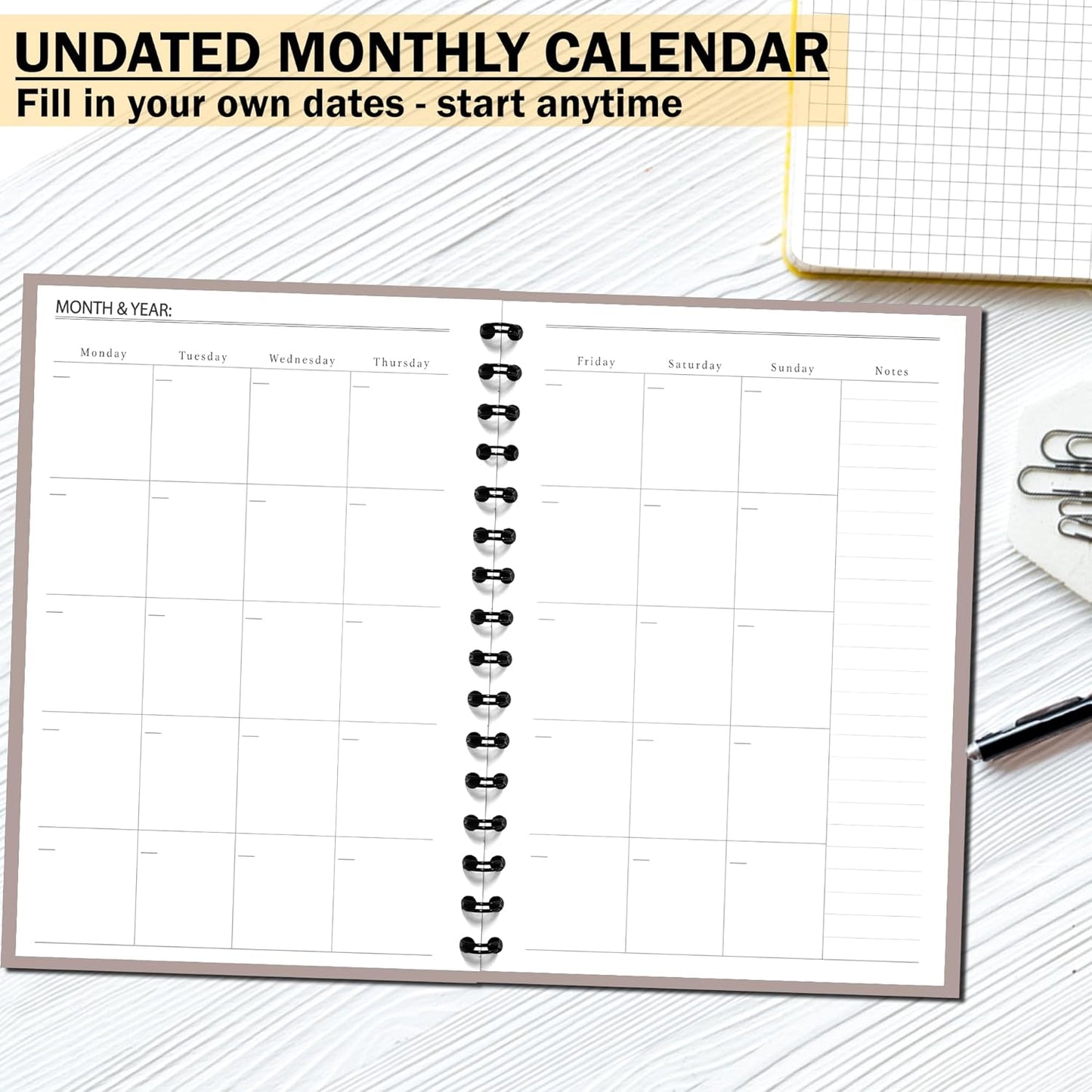 Undated Monthly and Weekly Planner - 12 Month Calendar Planner Notebook with Week Days - Hardcover Undated Planners Blank Agenda Book - A5 Pink