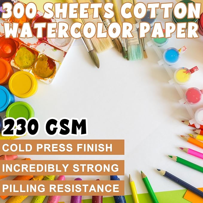 TaoBary 300 Pcs Watercolor Paper Sheet Bulk White Cold Press Paper Pack 110 lb 230 GSM Sketch Painting Watercolor Pad for Watercolorist Beginning Artists Adults Drawing Craft(6 x 9 Inch,230 GSM)