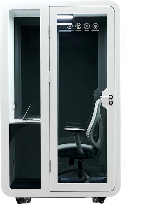 Solo Office Pod, Sound Pod, Mobile Office Pod Booth, SoundProof Booth for Office, Privacy pod, Mobile Roller with Desk, LED Light, Centrifugal Fans and AC USB Ports - White/Smoked Glass