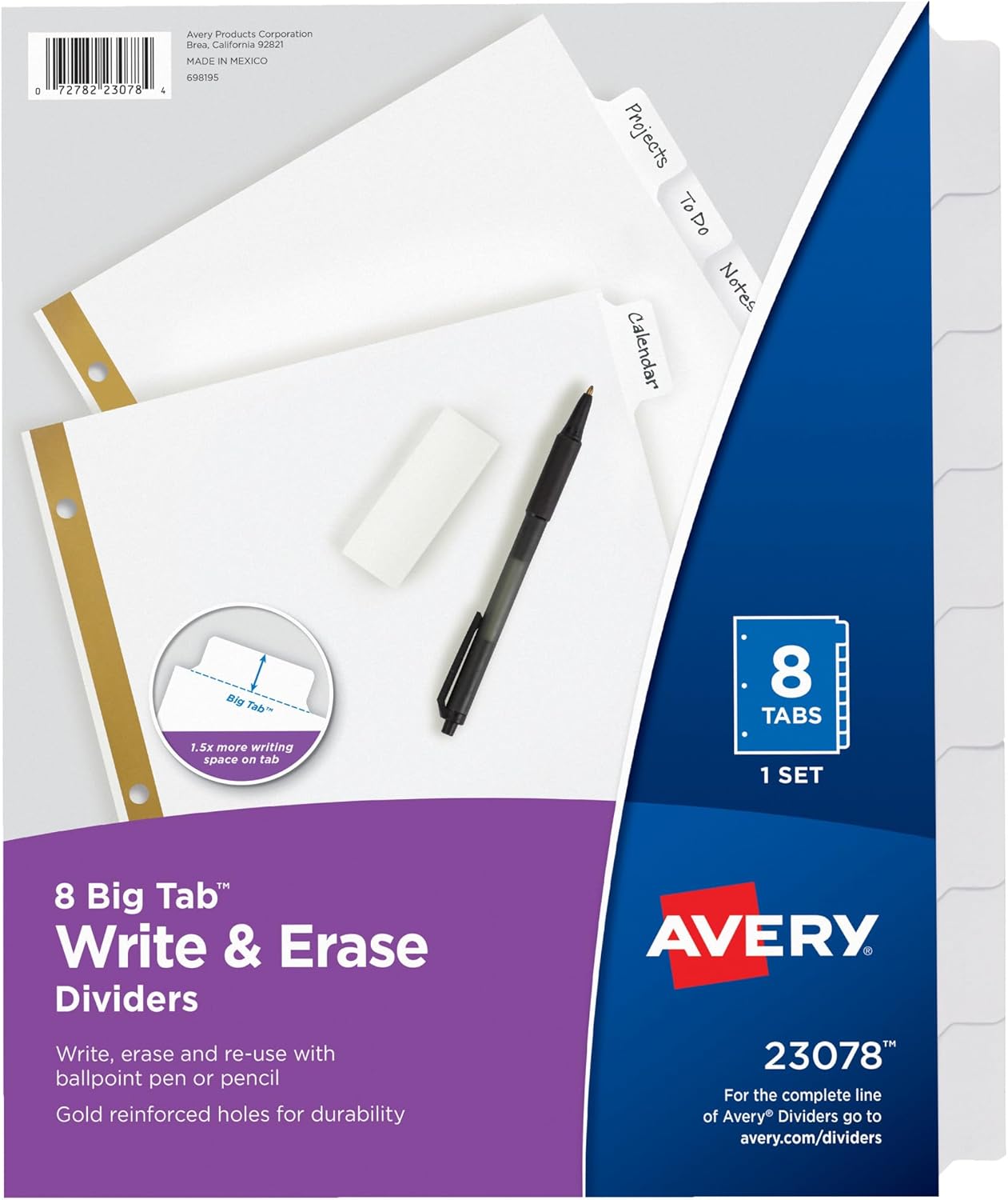 Avery 8-Tab Binder Dividers, Write & Erase White Big Tabs, 48 Sets (23078)