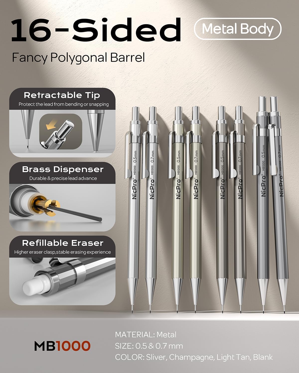 Nicpro 8 Pack 0.5mm & 0.7mm Metal Mechanical Pencil Set, MB1000 Lead Drafting Pencil for Artist Writing, Sketching, Drawing with 8 Tubes HB Lead Refills, 3PCS 4B Eraser, 9PCS Cap Eraser - With Case