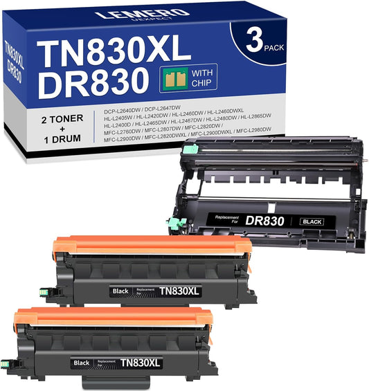 LEMERO UEXPECT Compatible TN830XL Toner Cartridge and DR830 Drum Unit Replacement for Brother TN830XL TN 830 DR830 for HL-L2460DW DCP-L2640DW HL-L2405W MFC-L2820DW Printer (2 Toners, 1 Drum Unit)