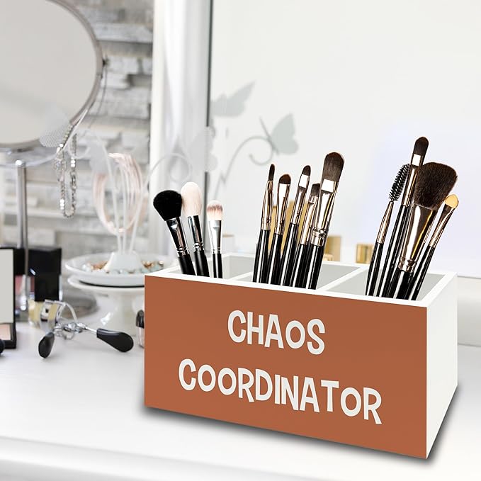 Chaos Coordinator Orange Pen Pencil Holder Organizer for Desk, Thank You Gifts for Women Men Coworkers Boss Leader Manager, Appreciation Gifts Wooden Box Sign for Office Tabletop Decorations