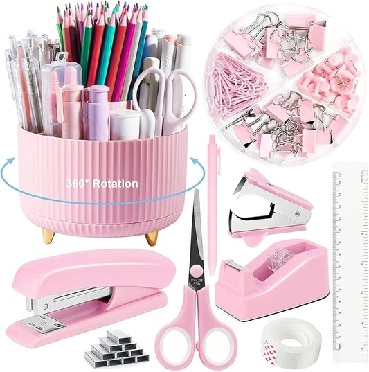 10pcs Office Clerks Staff Desk Accessories, Pink Office Supplies Set for Women, Desk Organizer with Stapler, Staple Remover, Tape Dispenser, Tape, 360° Pen Holder, Scissor, Ruler, Ballpoint Pen, Clips