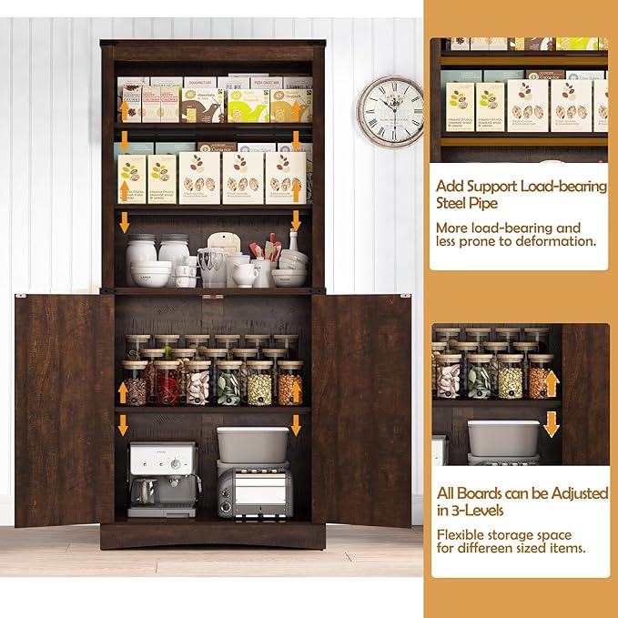 71in Farmhouse Kitchen Pantry Cabinet,Tall Storage Cabinet with 2 Doors and Adjustable shelves,with Load-Bearing Steel Pipe,Wood Storage Cabinets for Kitchen,Dining Room,Bathroom(Brown)