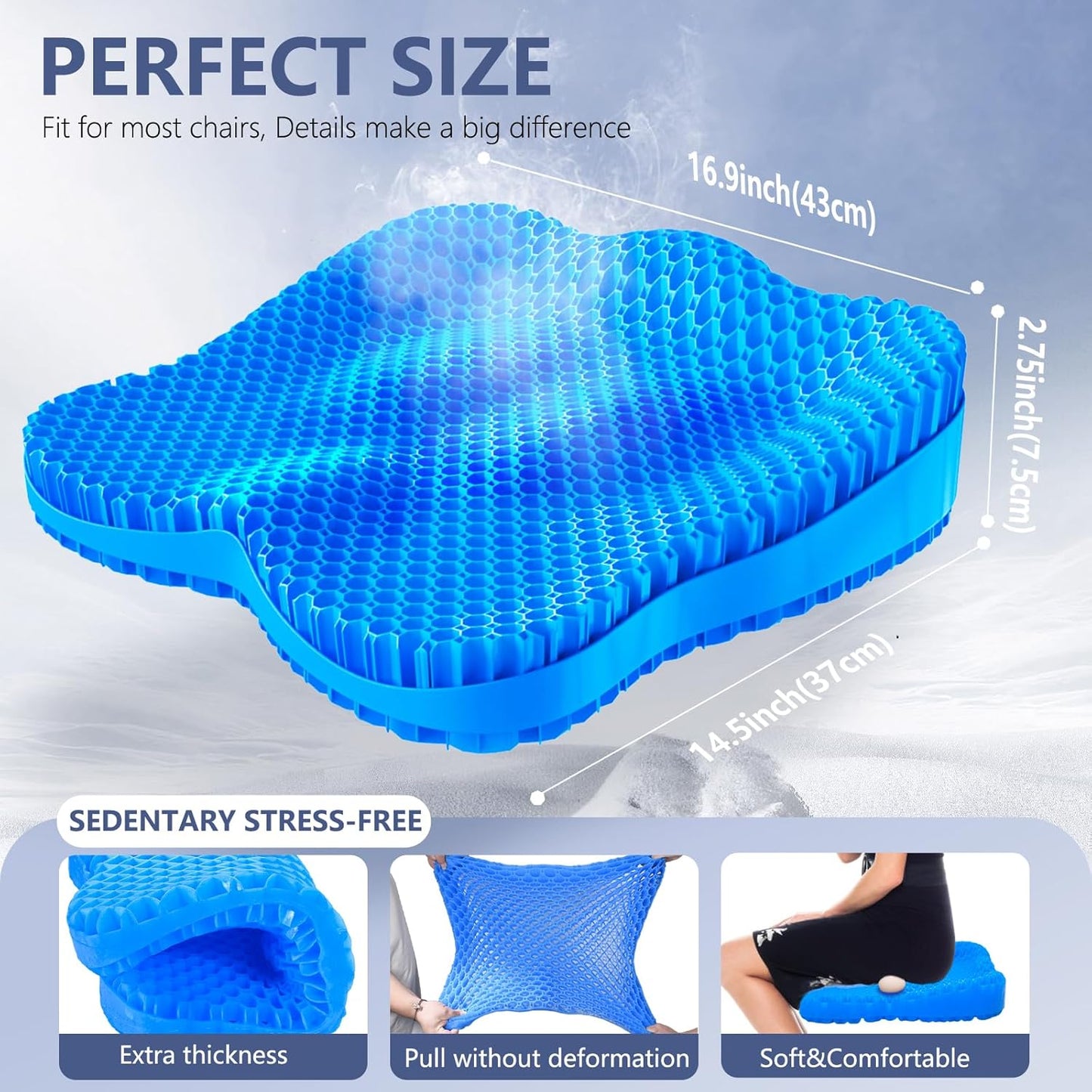 Thicken 19.7in Seat Cushion Gel, Large Cooling Seat Cushion for Long Sitting, Cushion for Wheelchair, Pressure Relief Cushion Seat for Office Chair, Chair Seat Pads for Car Desk Chair Kayak Stadium