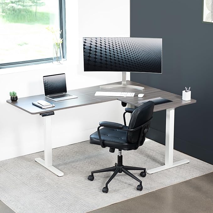 VIVO Electric Corner L-Shaped 63 x 47 in Standing Desk, Memory Height Adjustment, Dark Gray Top White Frame, DESK-E3CTWG-47