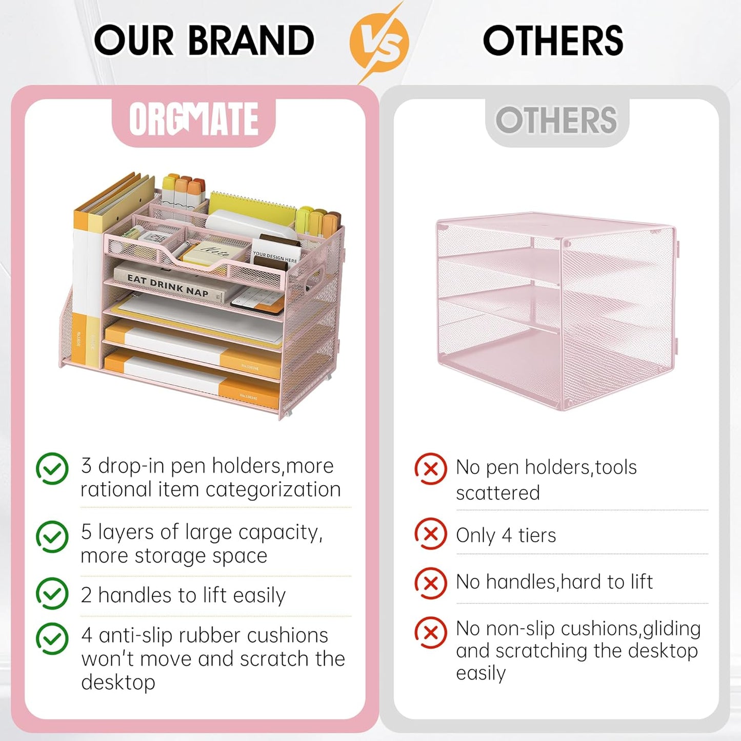 5 Tier Paper Letter Tray with File Holder and 3 Drop-in Pen Holders, Mesh Desk File Organizer with Handle, Desk Organizers and Accessories for School,Home, Office Supplies Storage-Pink