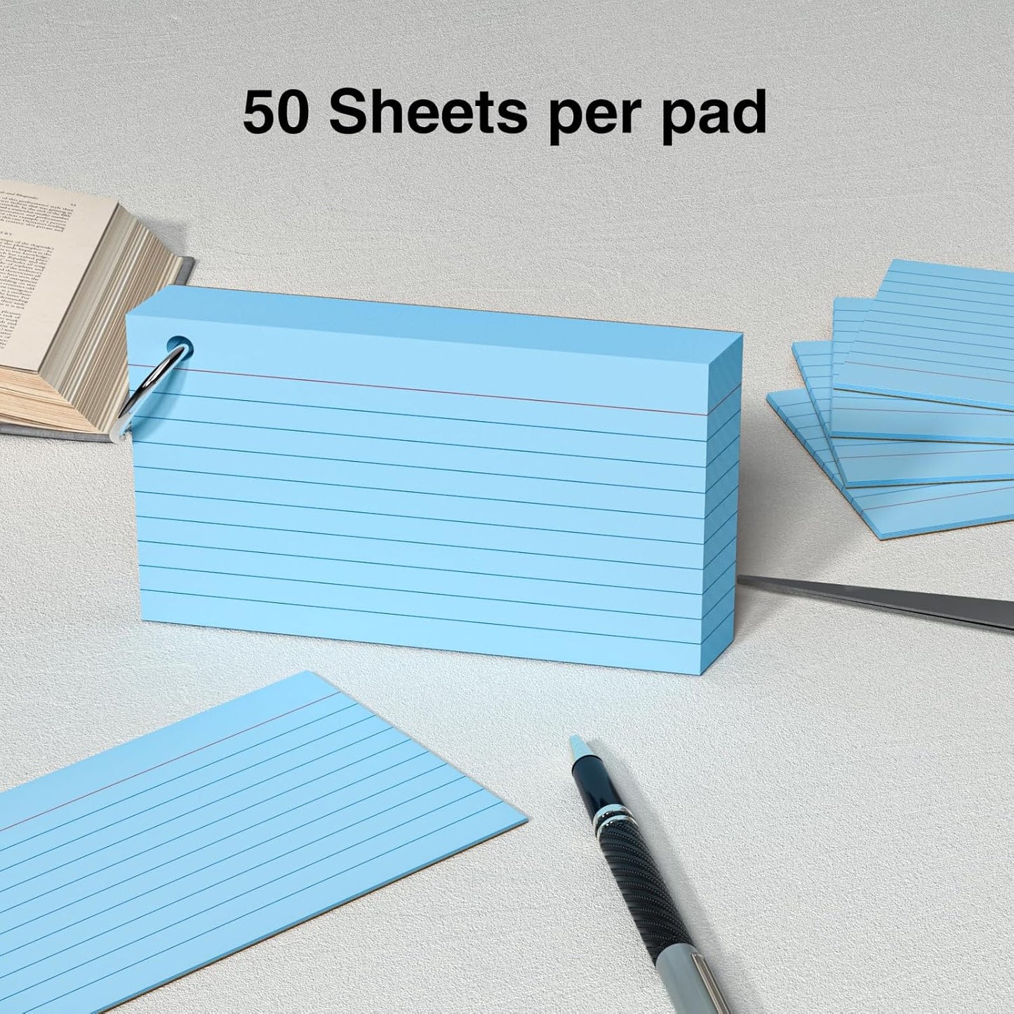 250 Count Blue Index Cards 3x5 Inch with Key Ring, Color Flash Index Card (50 Sheets Each), Durable & Portable Note Taking for Students, Teachers, Study Note Cards for Office Home School
