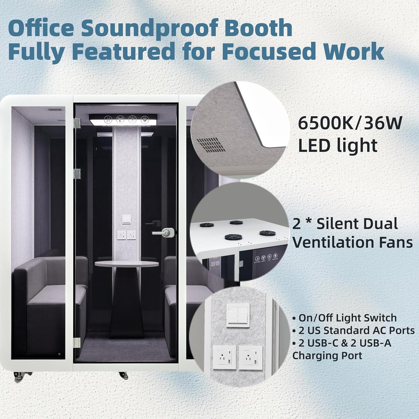 Mobile Office Pod Booth, Sound Pod, Large Space SoundProof Pod 4-6 People, Sound Booth Mobile Roller, LED Lighting, Centrifugal Fans and AC USB Ports Large Size for 4-6 Persons White/Smoked Glass