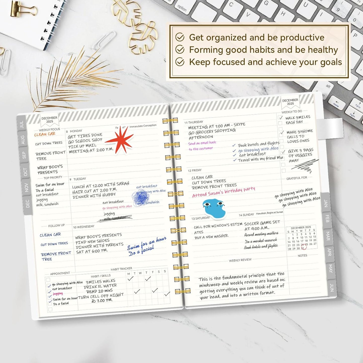 Planner 2025-2026, Weekly and Monthly Planners run from Jul.2025 - Jun.2026, AIMPEAK Calendar Planner with Monthly Tabs, White Marble, 5.5"x8.5"