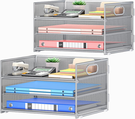 Subekyu 2-Pack 3-Tier Silver Metal Mesh Desk Paper Letter Tray & File Sorter Organizer with Handle + 1 Sliding Tray for Desk, Home, Office, School Supplies, A4 Paper and Accessories Storage