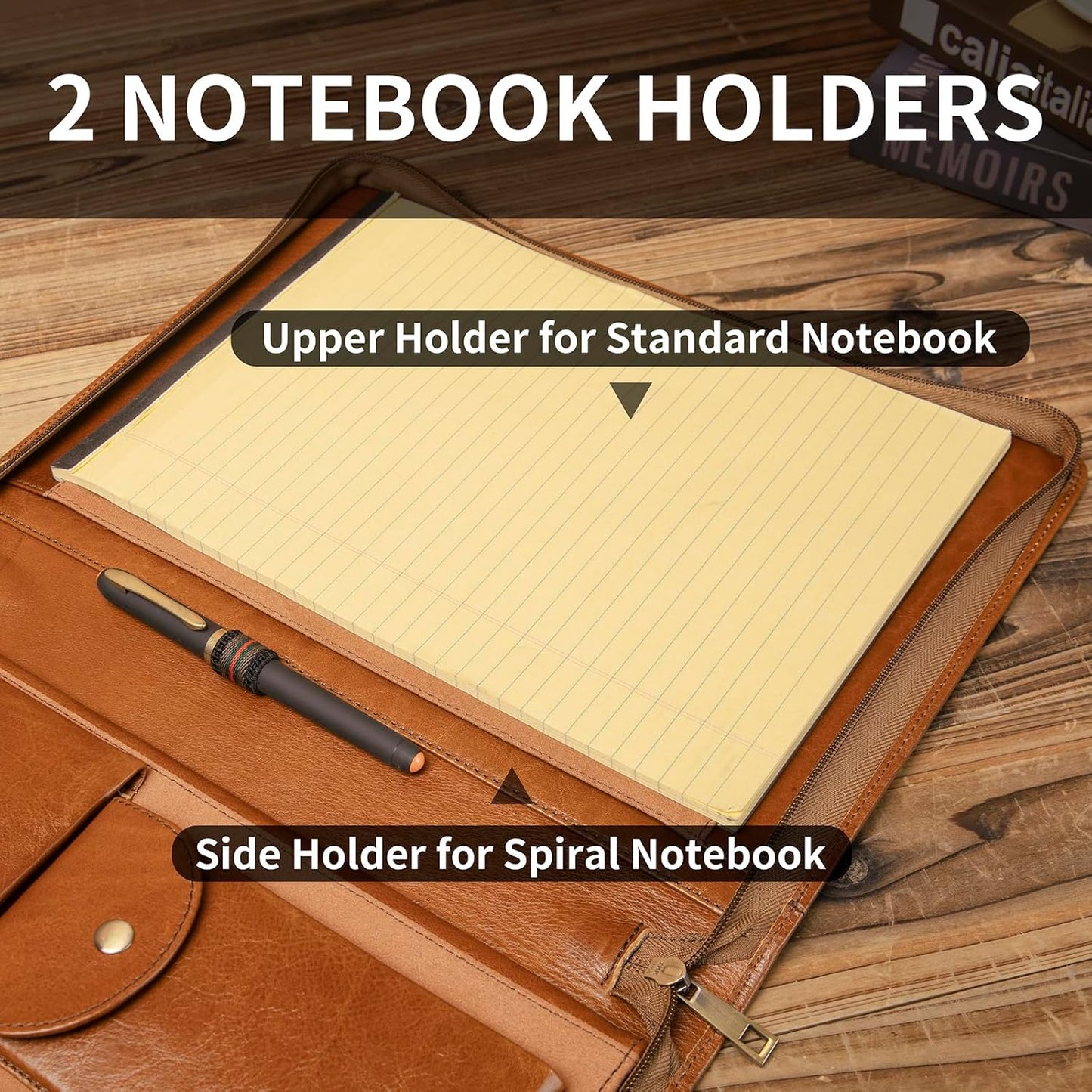 Personalized Genuine Leather Portfolio with Front Pocket for Men and Women, Custom Engraved Zippered Padfolio Binder for 8.5 x 11 Legal Pad Notebook, Professional Laptop Case, Brown, Oil Tanned