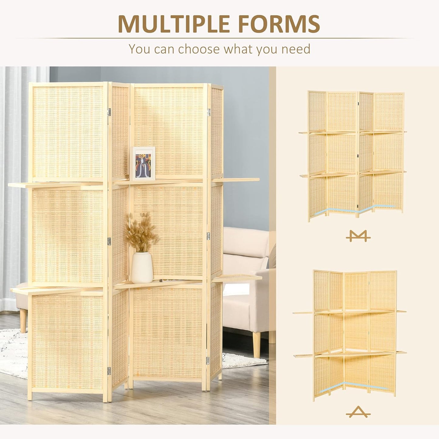 NicBex Room Divider 4 Panel Room Dividers with Storage Shelves Partition Room Dividers and Folding Privacy Screens 6 FT Wall Divider for Office, Room Separation,70.75" W x 0.75" D x 70.75" H, Natural