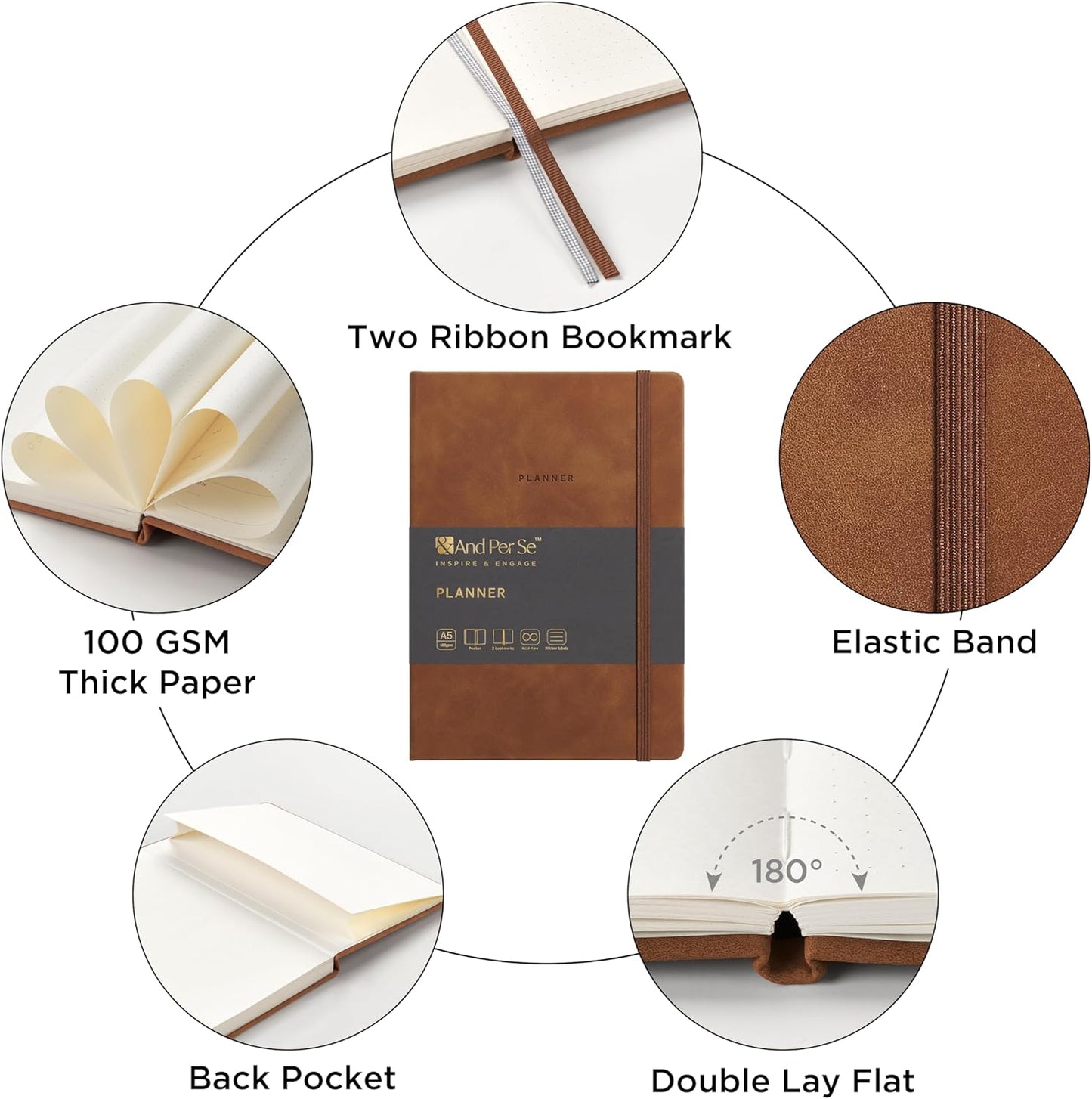 And Per Se Undated Academic Planner, A5 Weekly Calendar Planner, 72 Weeks Hardcover to Track Goals, Teacher Student Planning Book with Monthly Tab Stickers & Back Pocket (Brown)