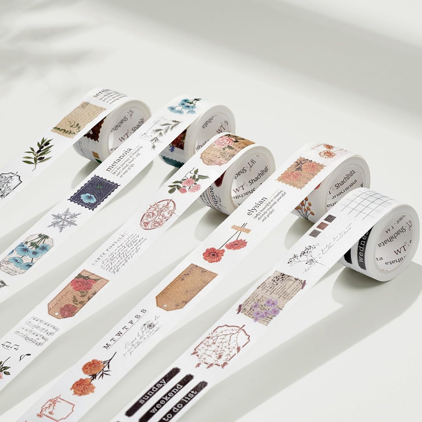WT Seasonal Splendor Washi Tape Sticker Set, 5 Rolls, Original Designs, Vintage Watercolor Floral Design, Adhesive Stickers for Junk Journals, Scrapbooks, Bujo, Planners, DIY Crafts