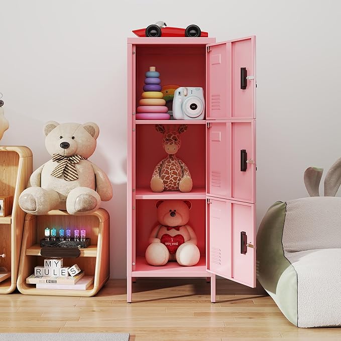 Aobabo 16" W 3 Door Metal Storage Locker with Lock, 47" H Steel Locker with Name Card Holder and Metal Leg for School, Home, Office, Playroom, Assembly Required, Pink