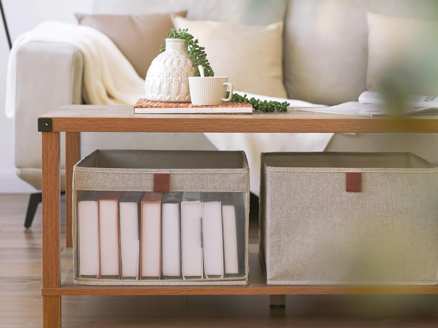 StorageWorks Closet Storage Bins, Extra Large Storage Baskets with Clear Window and Handles, Foldable Fabric Organizer for Clothes, Shelves, Brown and Beige, 3 Pack