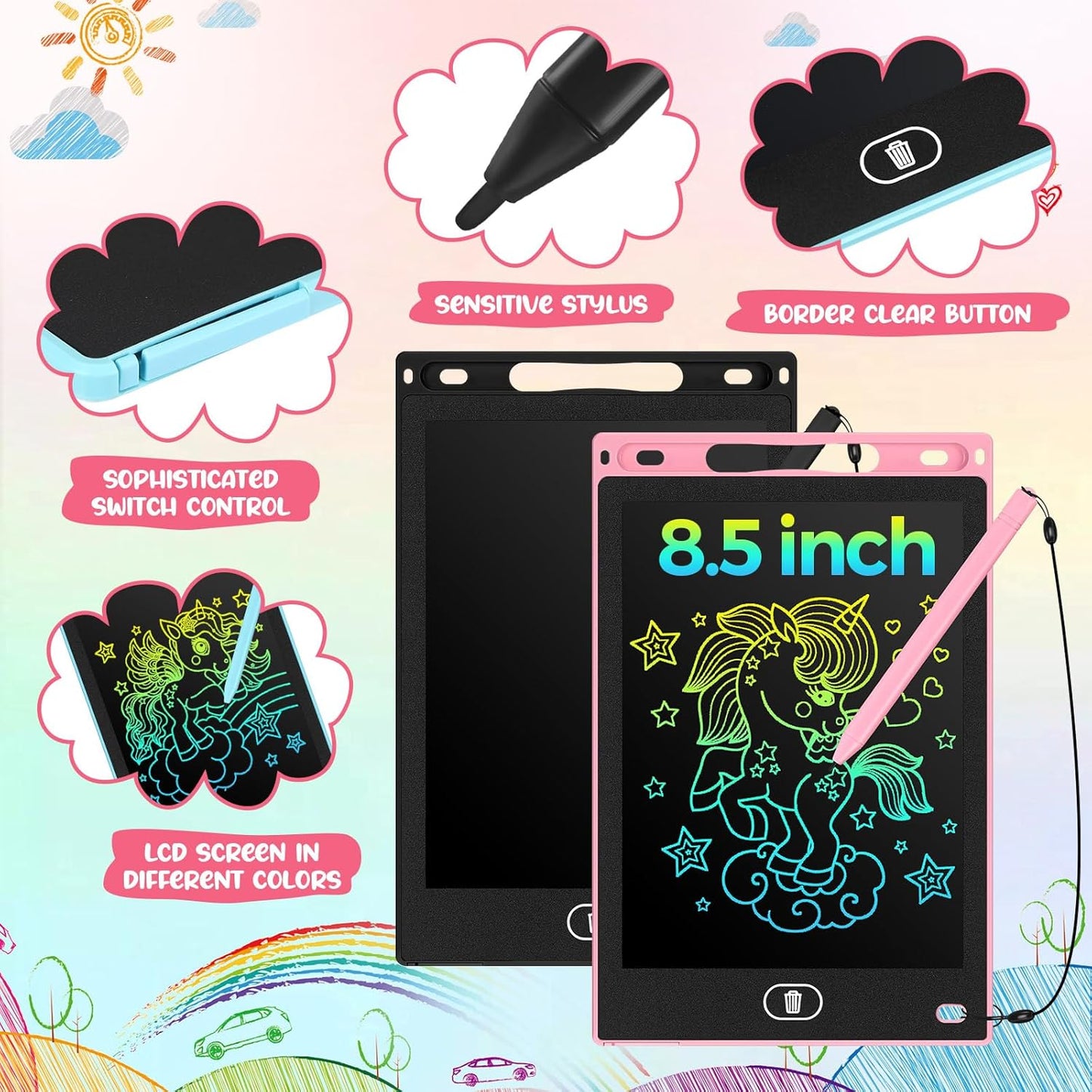 Tinlade 12 Pack LCD Writing Drawing Tablets 8.5 Inch Bulk Colorful Doodle Board Erasable Electronic Painting Drawing Pads Learning Toy Gifts for Kids Christmas School(Pink, Light Blue, White, Black)