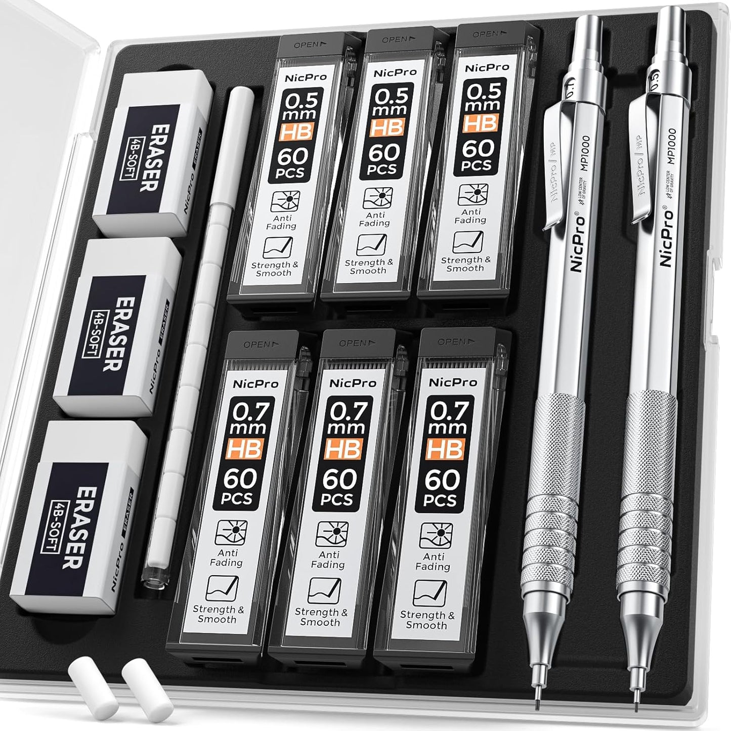 Nicpro 2 PCS Mechanical Pencil 0.5mm & 0.7 mm with Case, MP1000 Metal Artist Pencil Set with 6 Tubes HB Lead Refills, 3 Erasers, 9 Eraser Refills For Art Writing Drafting, Drawing, Sketch, Silver