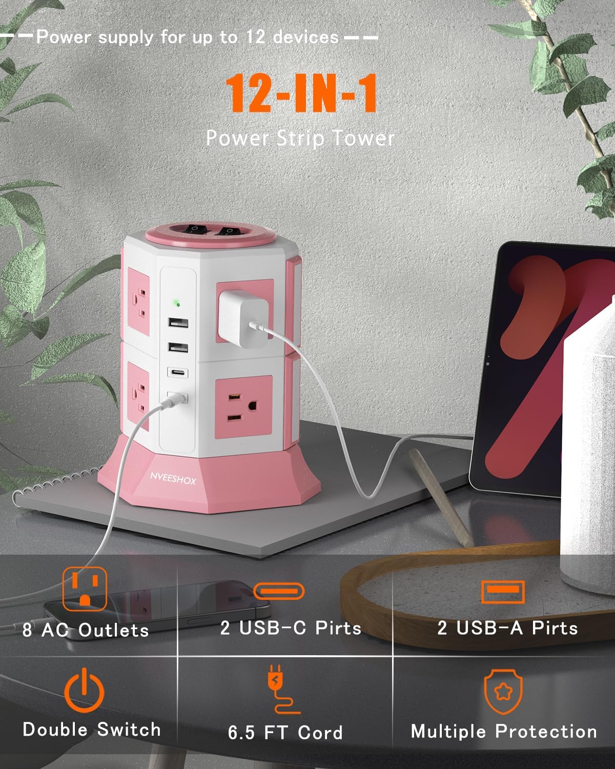 NVEESHOX Surge Protector Power Strip Tower, 10 Feet Ultra Flat Extension Cord with 12 AC Outlets 5 USB Ports(2 Type C), Desktop Charging Station, Flat Plug Outlet Extender for Home Office Dorm