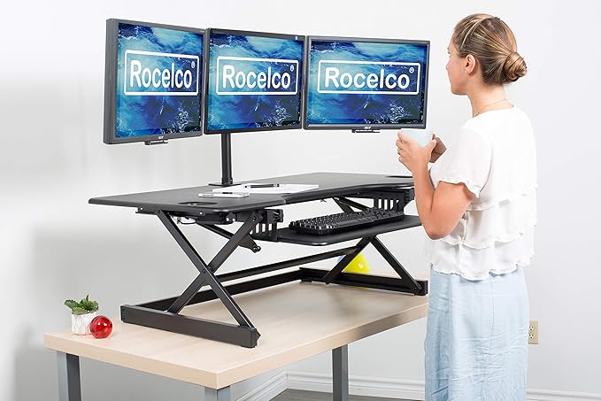 Rocelco 46" Large Height Adjustable Standing Desk Converter with Triple Monitor Mount BUNDLE - Quick Sit Stand Up Computer Workstation Riser - Retractable Keyboard Tray - Black (R DADRB-46-DM3)