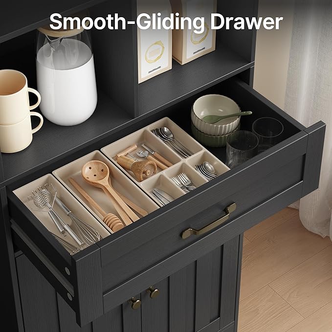 Gizoon 71'' Tall Storage Cabinet, Kitchen Pantry Cabinet with Doors & Drawers, Wooden Storage Organizer for Living Room, Office, Kitchen, with Adjustable Shelves, Anti-tip, Metal Handle, Black