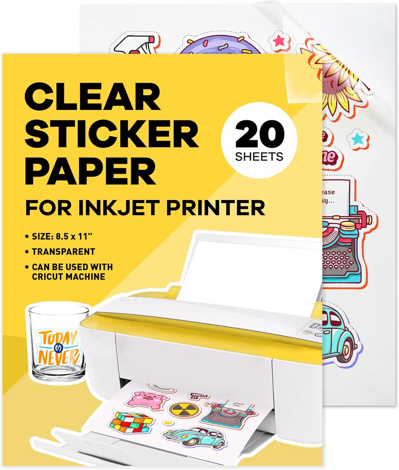 90% Clear Sticker Paper for Inkjet Printer (20 Sheets) - Transparent Glossy 8.5 x 11 - Printable Vinyl // Paper Plan
