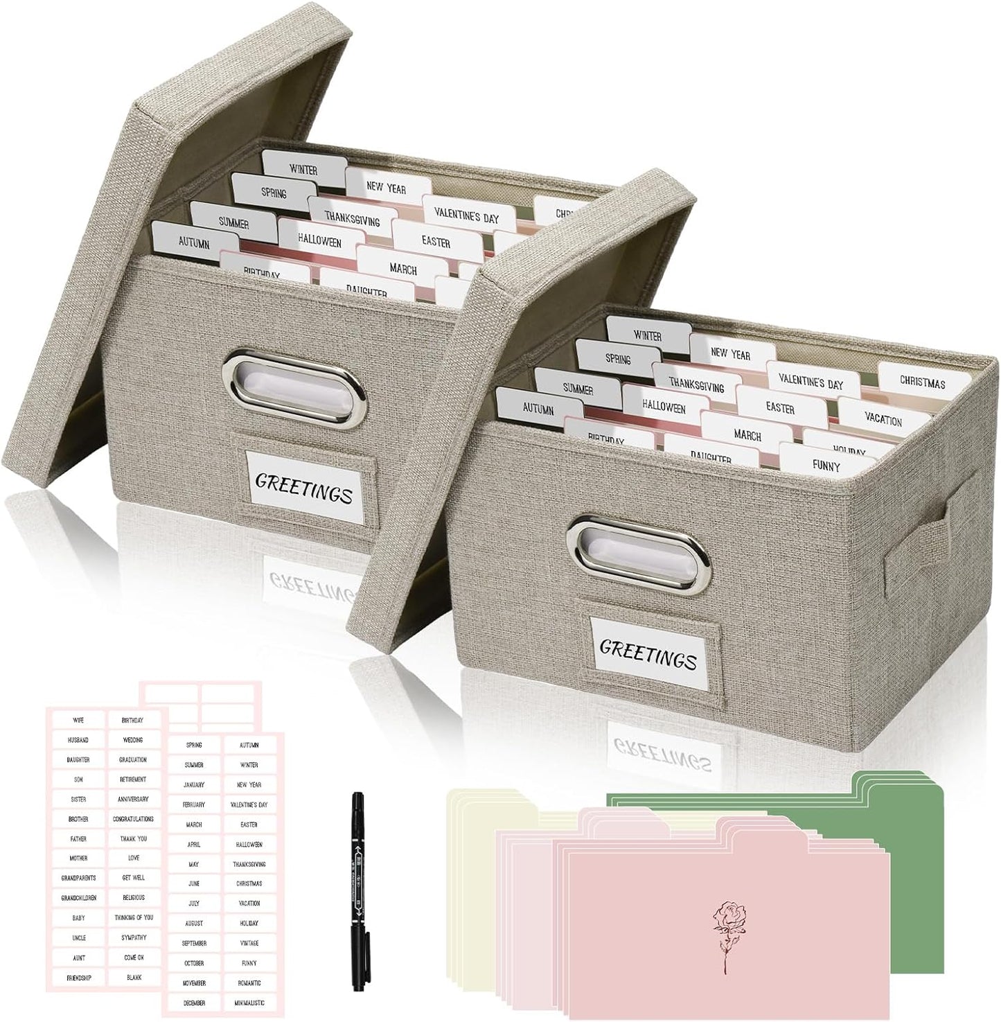 Greeting Card Storage Box, Linen Storage Box with 32 Adjustable Dividers, 168 Labels, 2 Marker Pen, Perfect for Organizing Greeting Cards, Envelopes, Photos 2 Pack Beige
