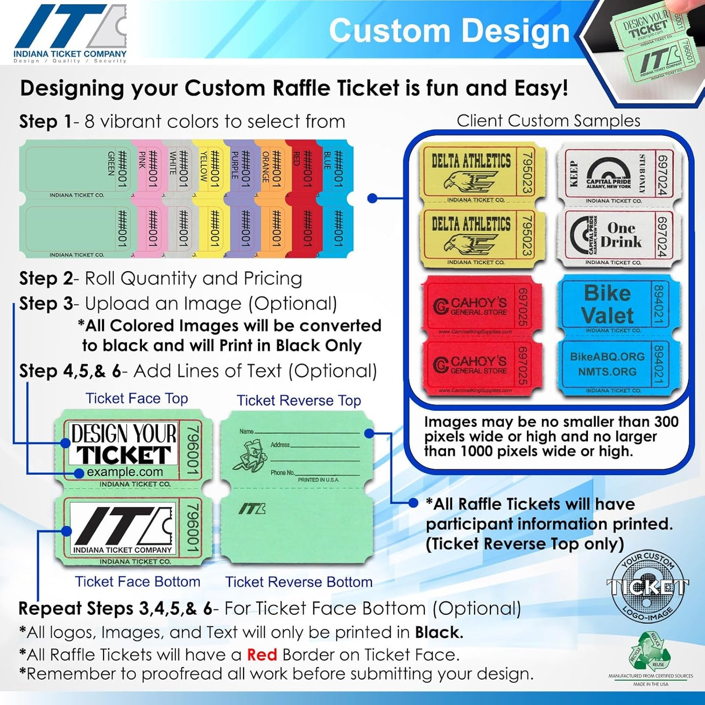 INDIANA TICKET CO. Custom 2"x2" Raffle Roll Tickets – Add Your Events Logo/Text, 50/50 Raffle Tickets, Fundraiser, Classroom Rewards, Entry, Drink Tickets, Prize, Carnival, (8 Colors Selection)