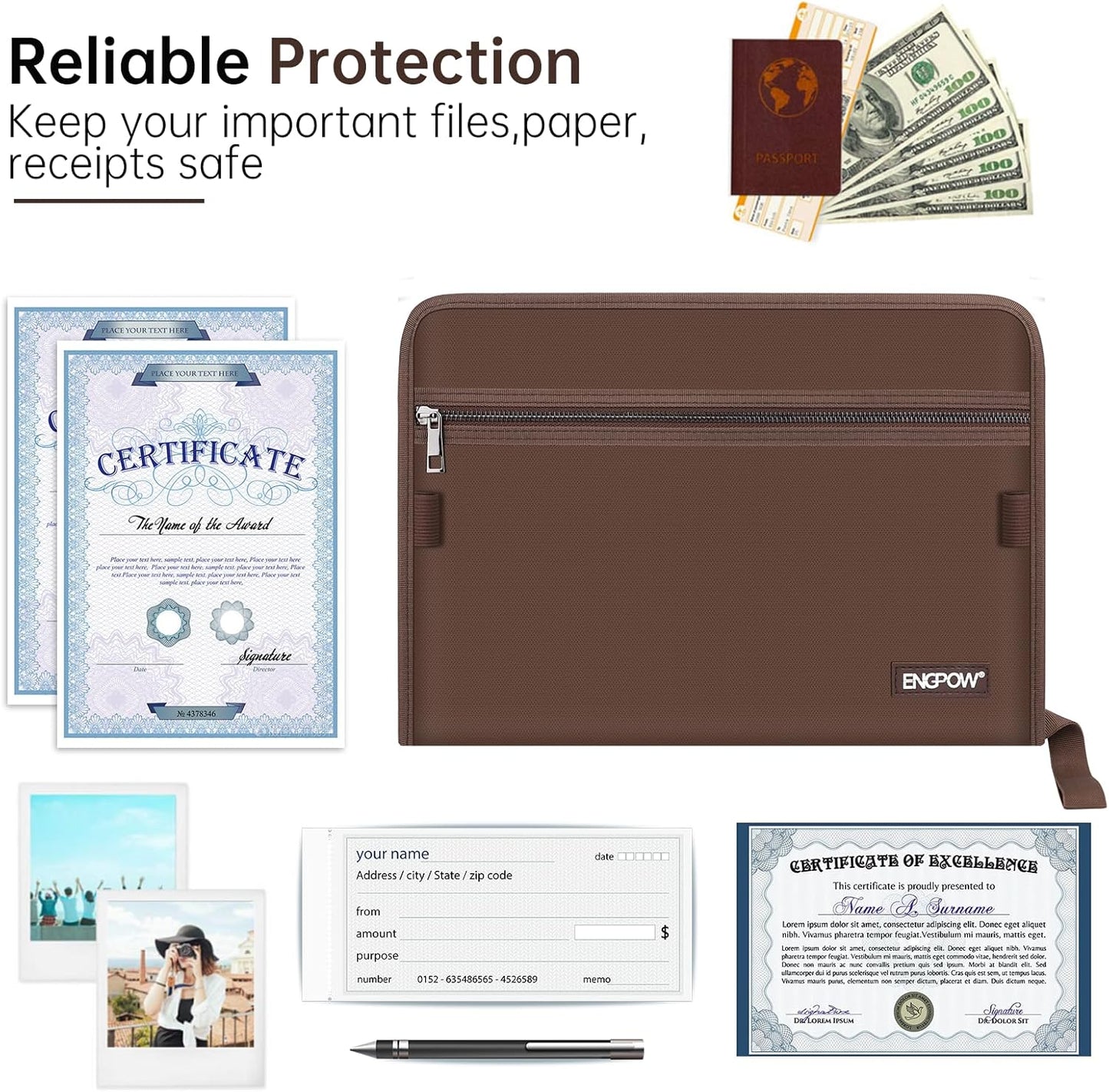 ENGPOW Accordion File Organizer,Fireproof 13 Pockets Expanding File Folder,Document Organizer Folder with Zipper＆Labels,Portable Home Travel Safe Storage for Letter A4 Files and More,Brown