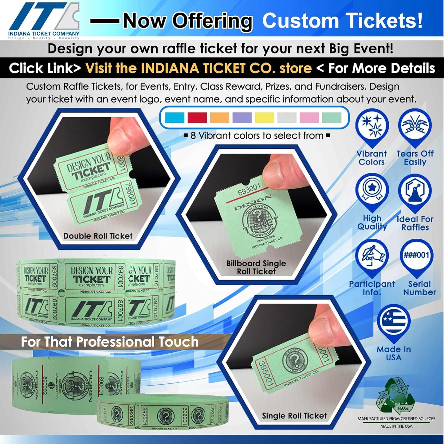 INDIANA TICKET CO. Raffle Double Roll, 5 Rolls 1,000 Tickets, 1 Roll Each Red, Blue, Green, White & Yellow, Premium Quality 50/50, Events Tickets(Pack of 5)