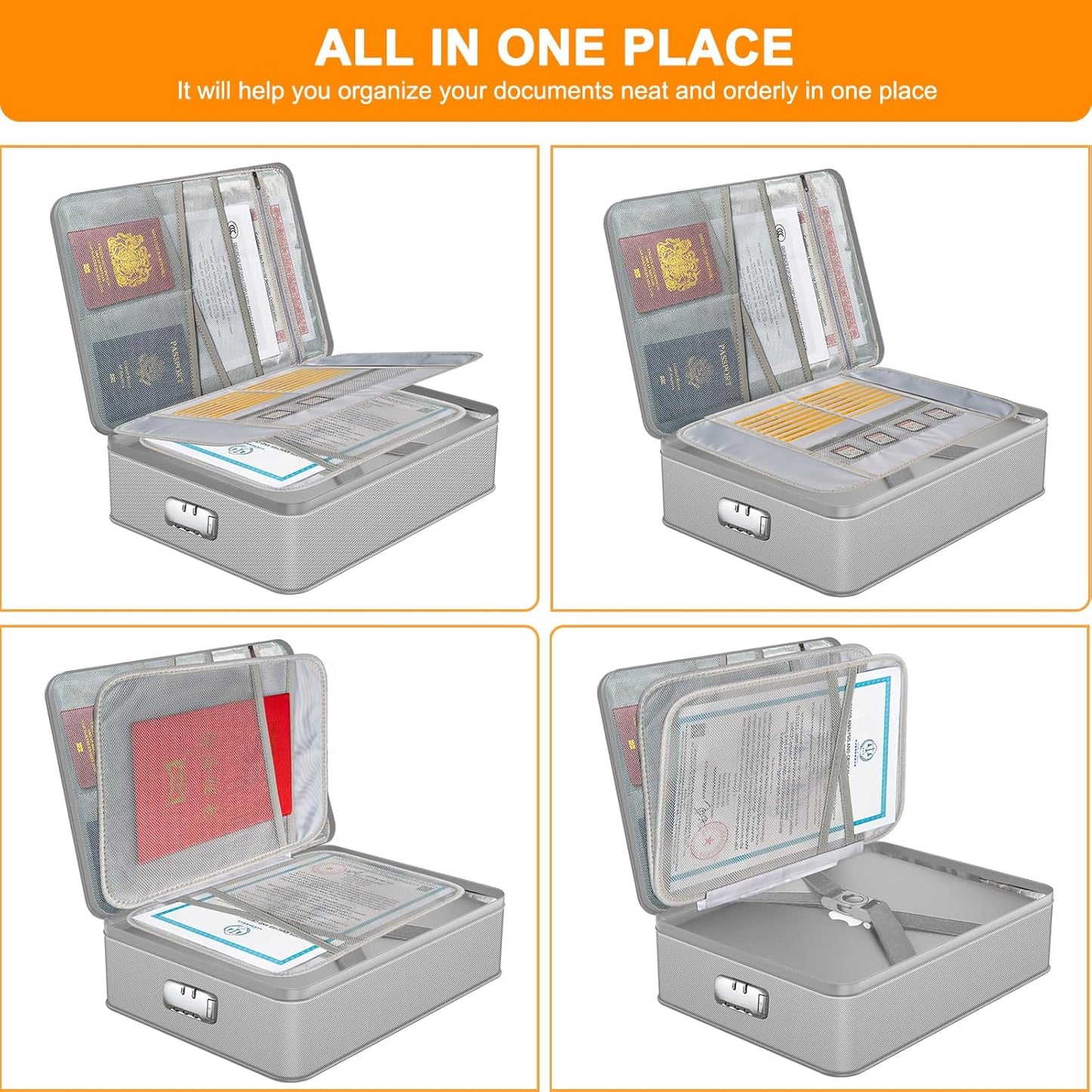 Document Organizer with 5200℉ Heat Insulated, 16.1"x11.4"x4.3" Waterproof and Fireproof Document Box with Lock, Home Strong Fireproof Safe Storage Box for Legal Size Documents and File，Silver