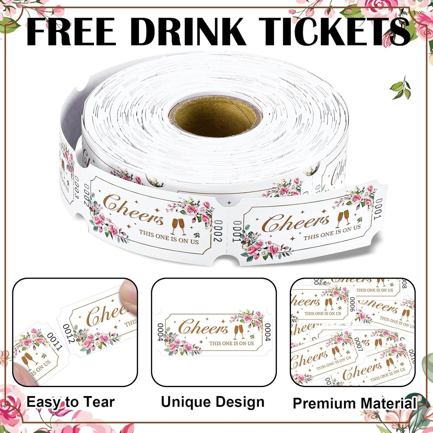 TaoBary 2 Rolls 1000 Pcs Free Drink Ticket Roll Raffle Party Tickets for Events Wedding and Parties(Flower)
